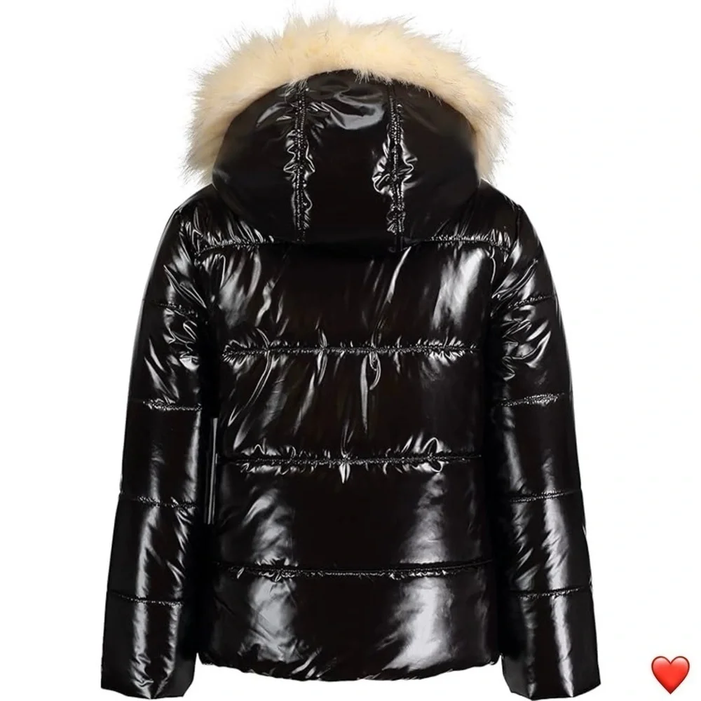 Hudson Kids Puffer Jacket Girls XL (16) High Gloss Deep Black Faux Fur New NWT